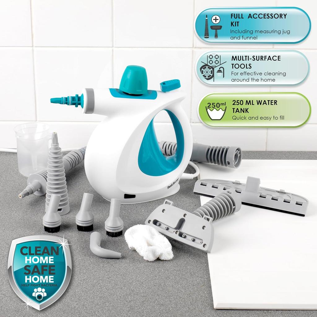 eldray BEL0701TQN 10-in-1 Handheld Steam Cleaner - Clean, Sanitise & Refresh Surfaces, Tiles, Mirrors & Windows, Chemical Free Cleaning, Includes Nozzles, Brushes, Upholstery Head & Squeegee, 1000W