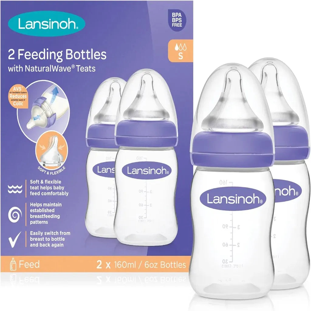 Lansinoh Baby Bottle Pack of 2 with NaturalWave Teat (160 ml), Anti-colic, Plastic 100% BPA & BPS free, Slow Flow silicone teat which is soft and flexible, purple