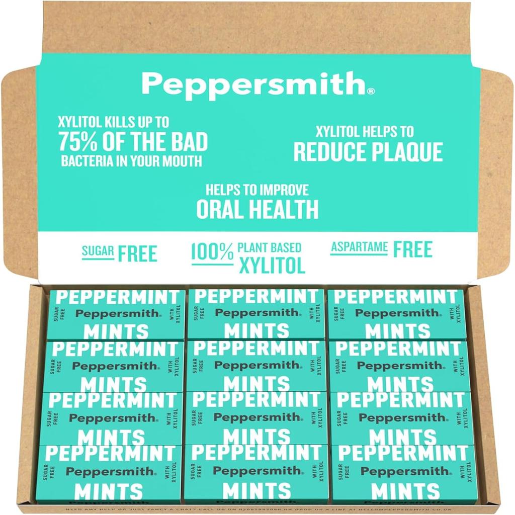 Peppersmith - British Peppermint Mints - 100% Plant Based Xylitol - Breath Freshener - Sugar Free Mints - Benefits Oral Health - Pocket Packs - 12x15g Brand: Peppersmith