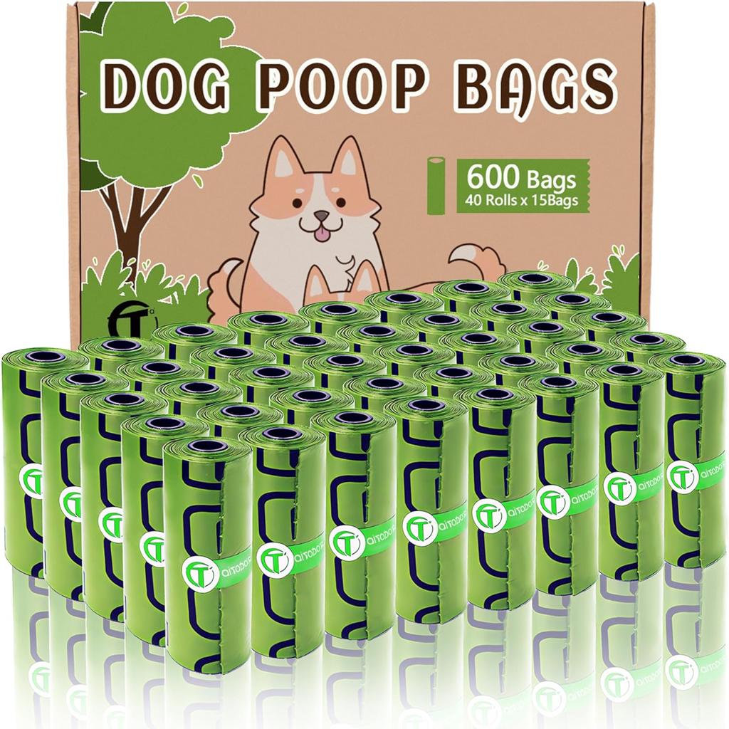 AiTodos® 600pcs Dog Poop Bag, Green, Dog Poop Bag - 31 x 22 cm, Polyethylene Material, Portable (40 Rolls, 15 Pieces Per Roll) Practical Dog Poop Bag for Outings