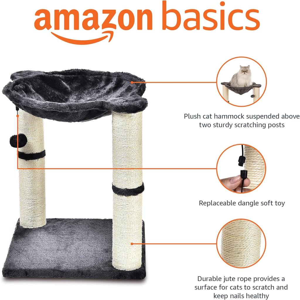 Amazon Basics Cat Tree Tower With Scratching Post And Hammock Bed for Indoor Cat - 40.6 x 50.8 x 40.6 Centimeters, Grey