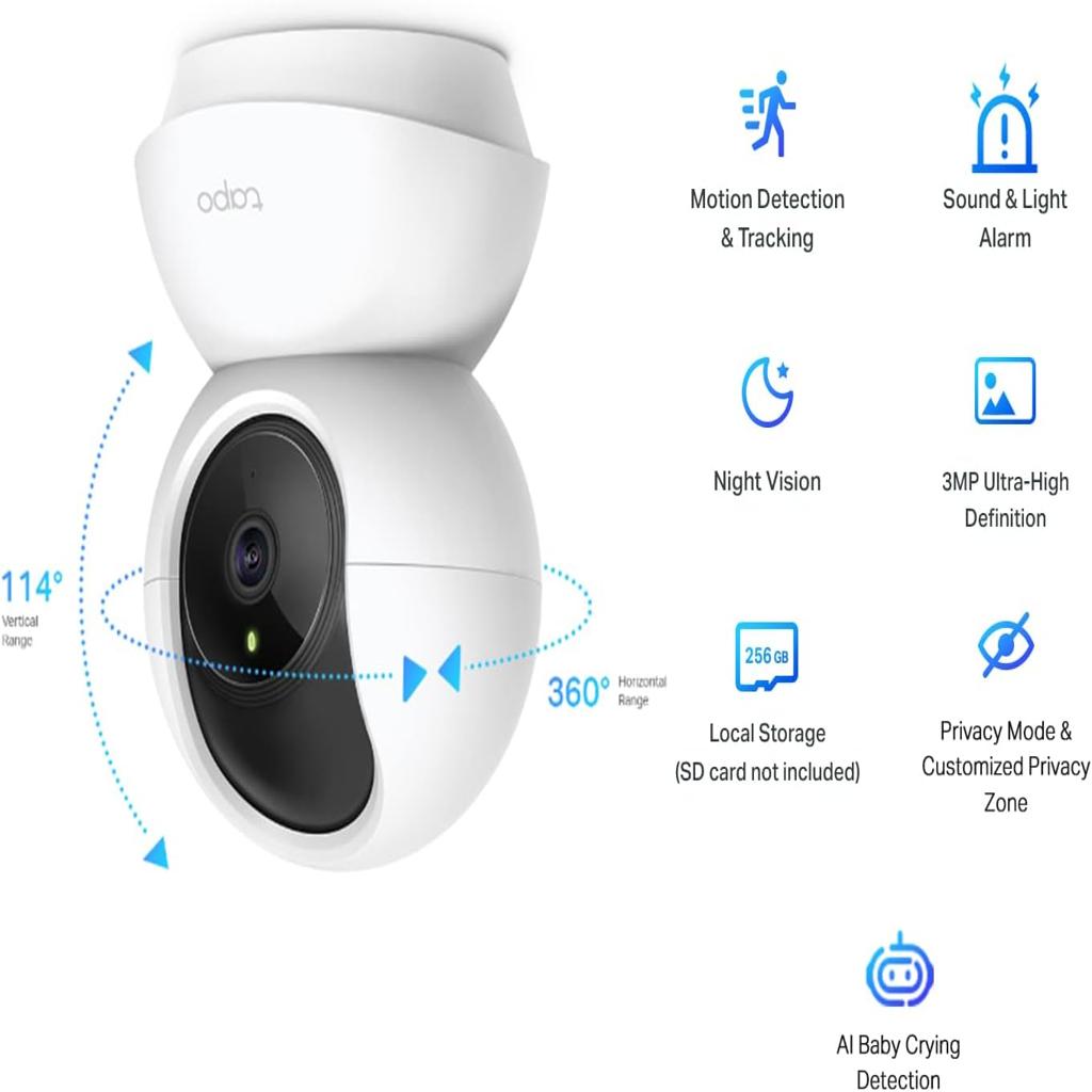 Tapo Wifi Camera, 2K 3MP Pet Camera Indoor Camera for Security, Wireless 360° for Baby Monitor, CCTV, Smart Motion Detection & Tracking, Night Vision, Works with Alexa & Google Home(Tapo C210)