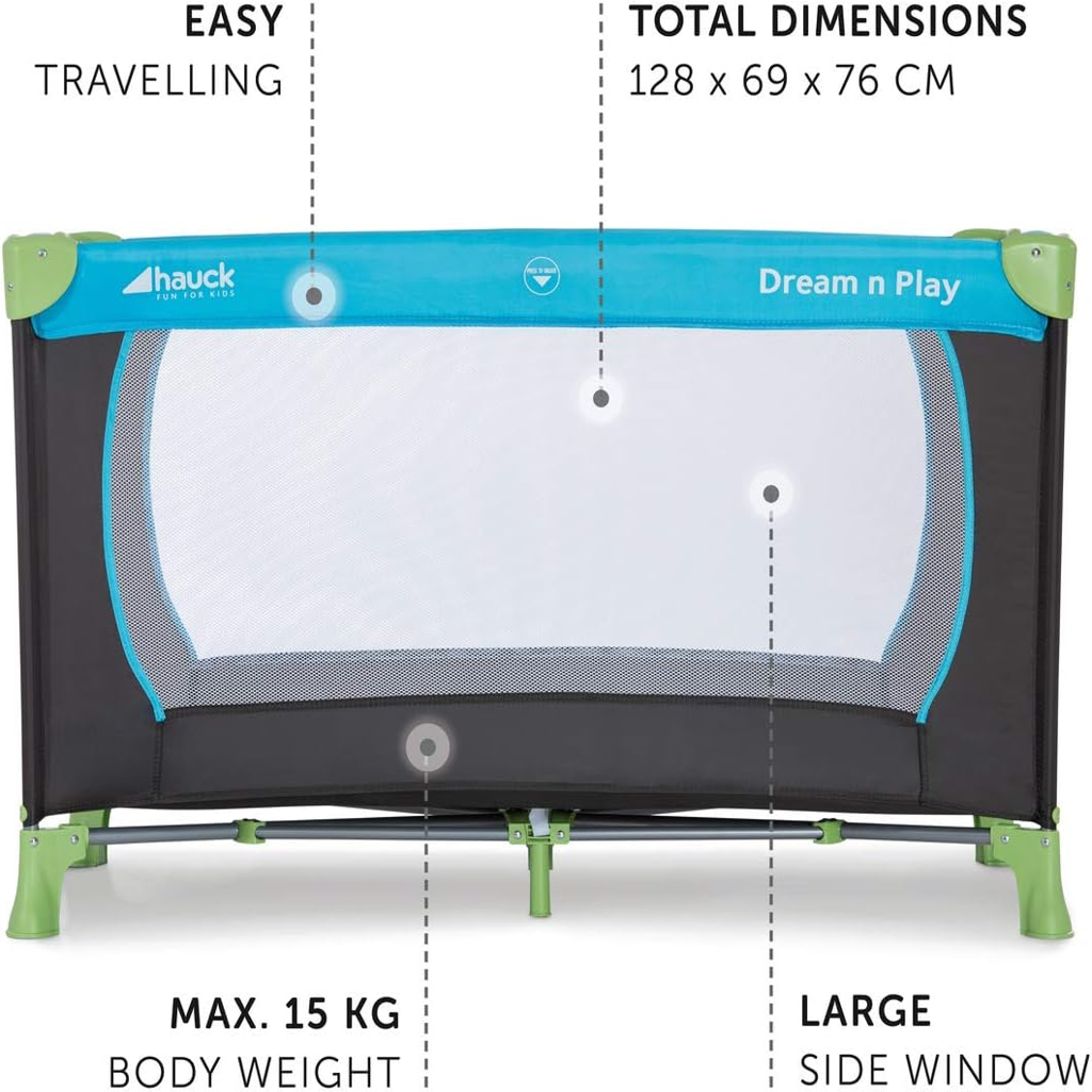 Travel Cot 120 x 60 cm from Birth to 15 kg, 3-Part Travel Bed with Folding Mattress and Carry Bag, Tilt-Resistant, Waterblue