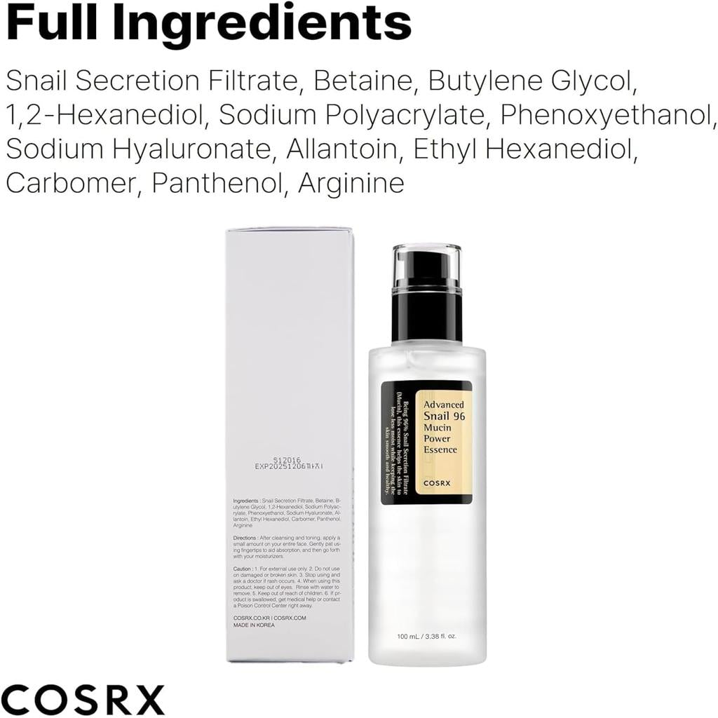 COSRX Advanced Snail 96 Mucin Power Essence 100ml, Skin Repair & Hydrating Serum, Snail Secretion Filtrate 96% & Hyaluronic acid, Korean Skincare, Animal testing free