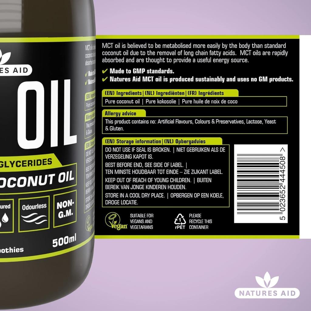 Natures Aid 100% MCT Oil - Premium Coconut Oil 500ml (Pack of 2)
