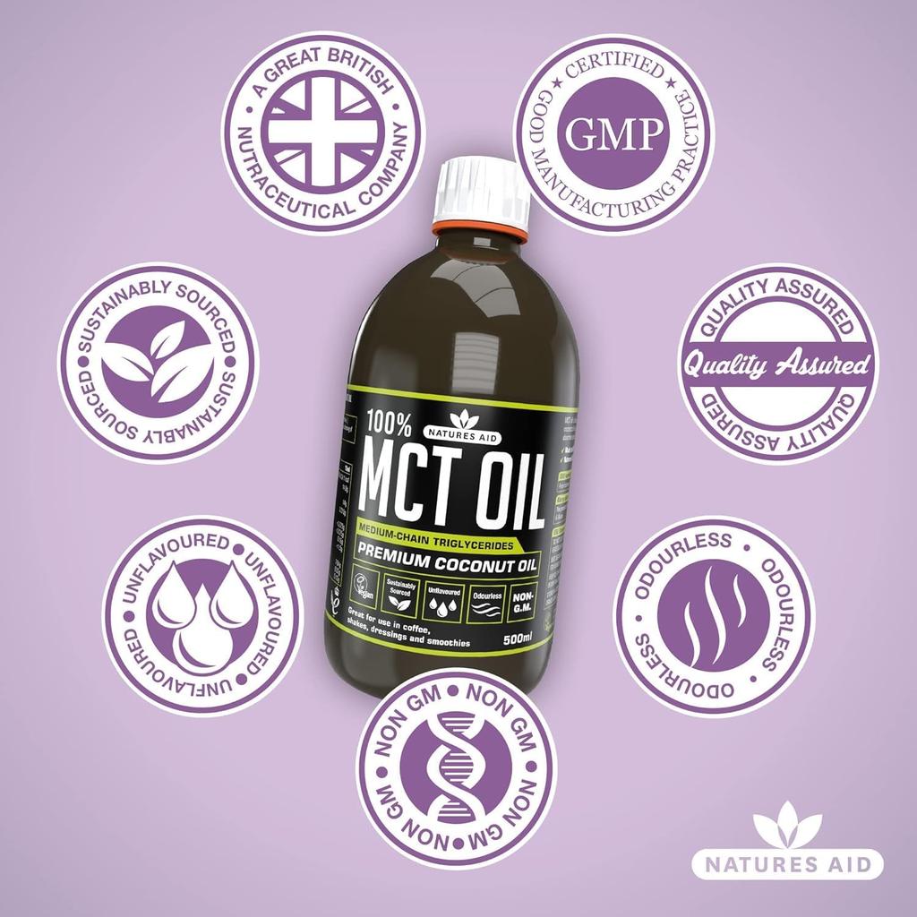 Natures Aid 100% MCT Oil - Premium Coconut Oil 500ml (Pack of 2)