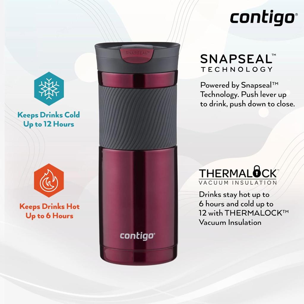 Contigo Byron Snapseal Travel Mug | Stainless Steel Thermal Mug | Vacuum Flask | Leakproof Tumbler | Coffee to Go Mug with BPA Free Easy-Clean Lid | Vivacious | 470 ml