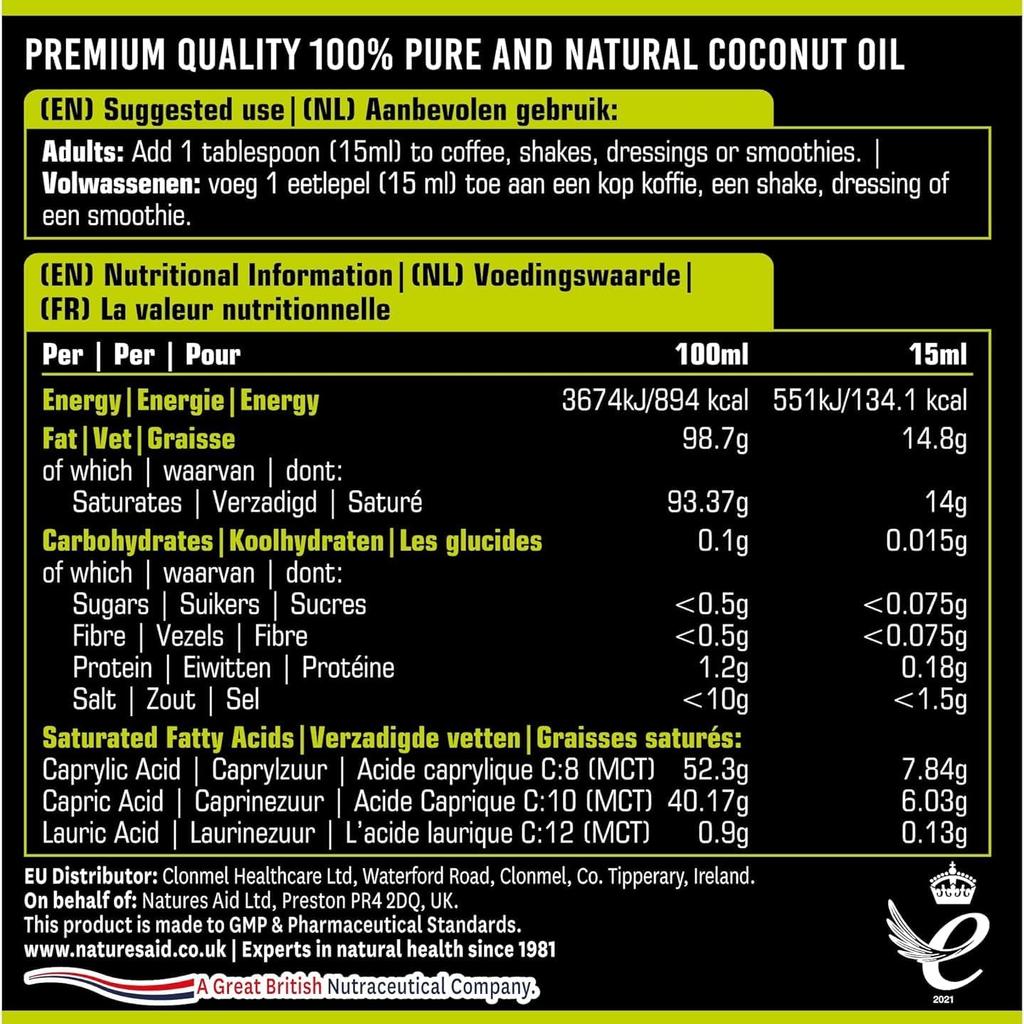 Natures Aid 100% MCT Oil - Premium Coconut Oil 500ml (Pack of 2)