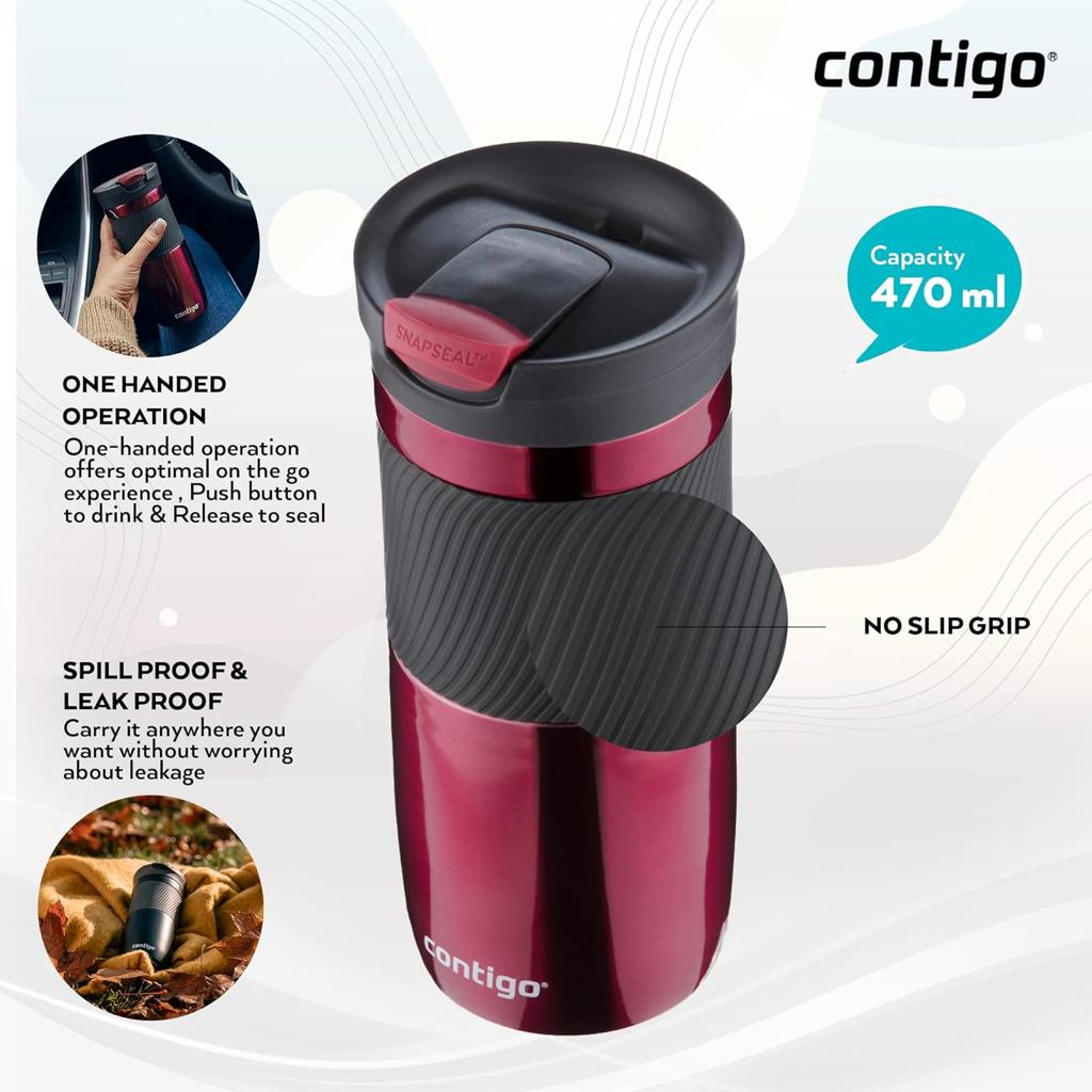 Contigo Byron Snapseal Travel Mug | Stainless Steel Thermal Mug | Vacuum Flask | Leakproof Tumbler | Coffee to Go Mug with BPA Free Easy-Clean Lid | Vivacious | 470 ml