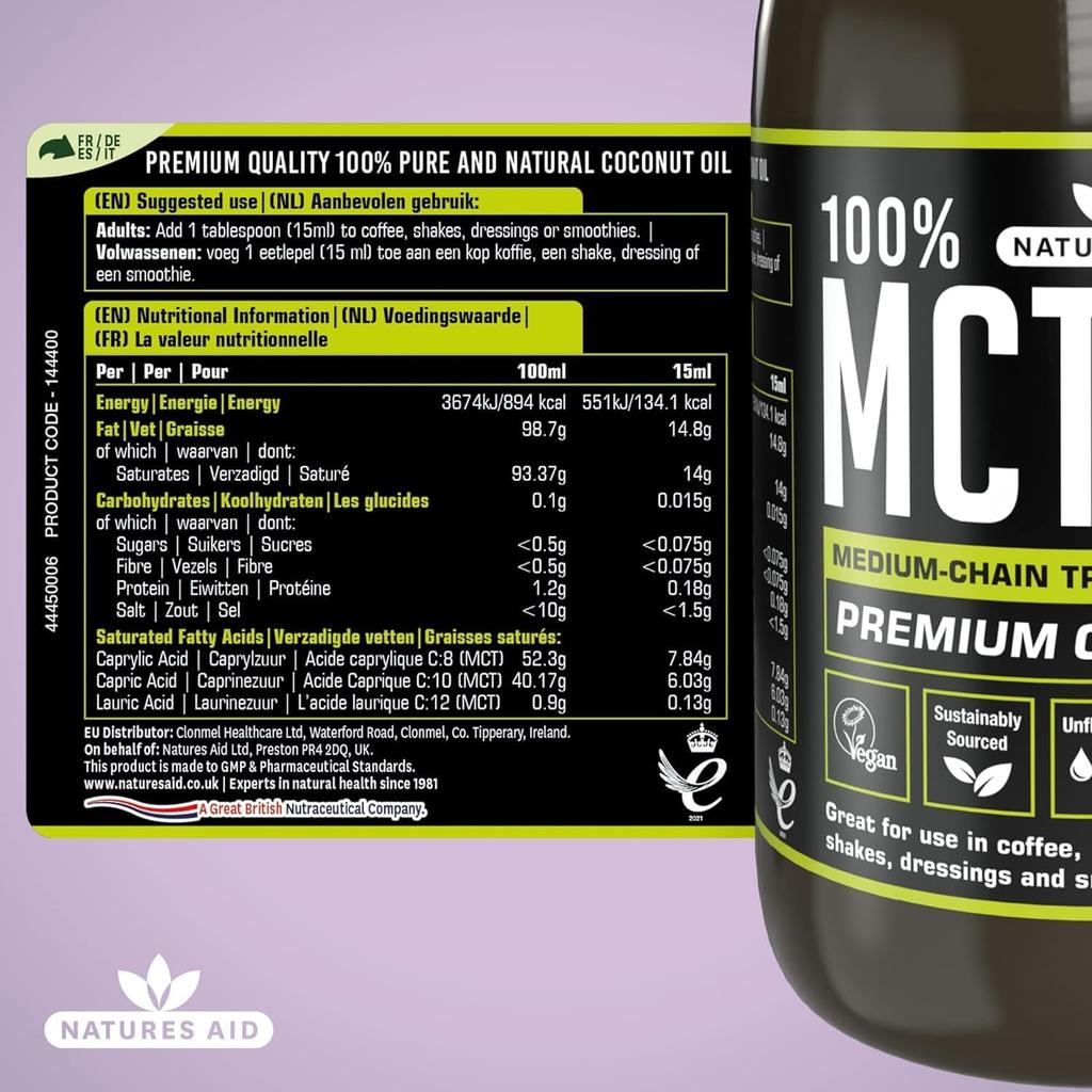 Natures Aid 100% MCT Oil - Premium Coconut Oil 500ml (Pack of 2)
