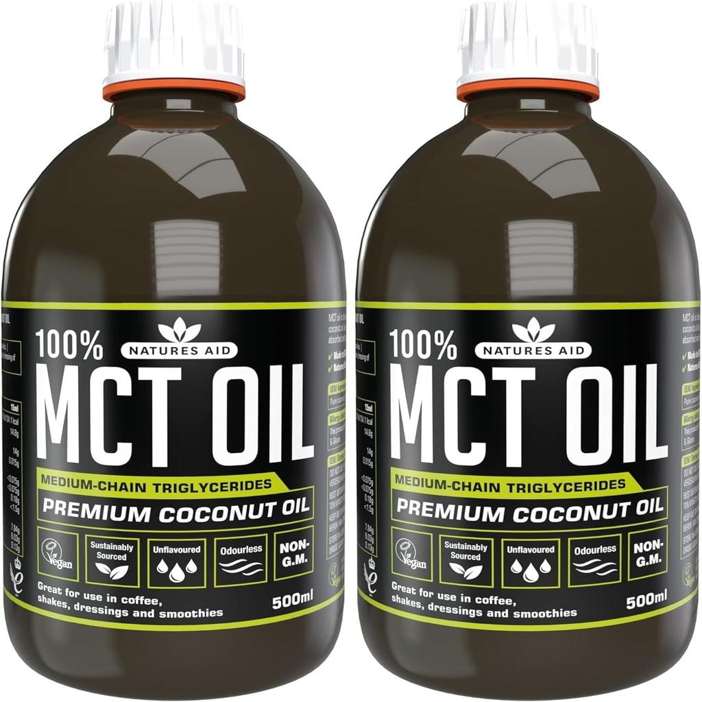 Natures Aid 100% MCT Oil - Premium Coconut Oil 500ml (Pack of 2)