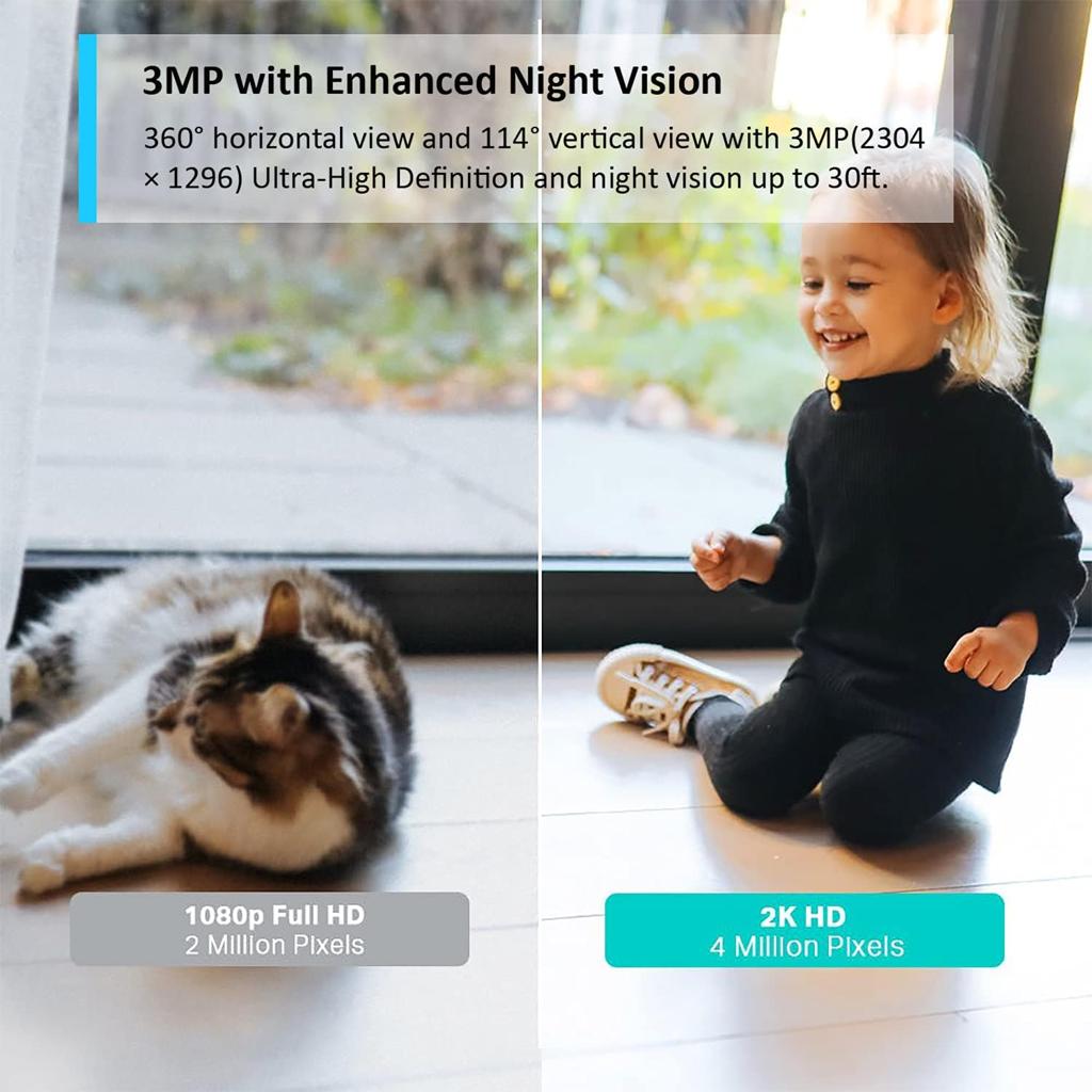 Tapo Wifi Camera, 2K 3MP Pet Camera Indoor Camera for Security, Wireless 360° for Baby Monitor, CCTV, Smart Motion Detection & Tracking, Night Vision, Works with Alexa & Google Home(Tapo C210)