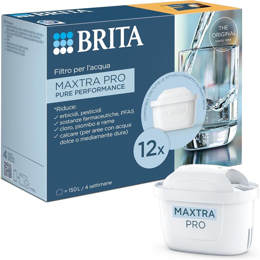 BRITA MAXTRA PRO Pure Performance Water Filter Cartridge - 12 Pack - Original BRITA Refill reducing impurities, Chlorine, PFAS, pesticides and limescale for tap Water with Better Taste
