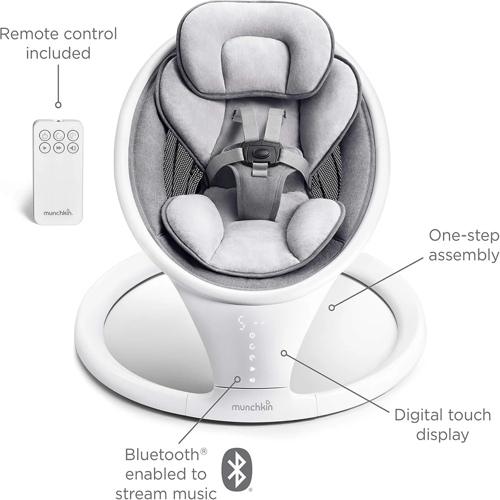 Munchkin Bluetooth Enabled Lightweight Baby Swing with Natural Sway in 5 Speeds and Remote Control, Cotton, Grey/White, 1 Count (Pack of 1)