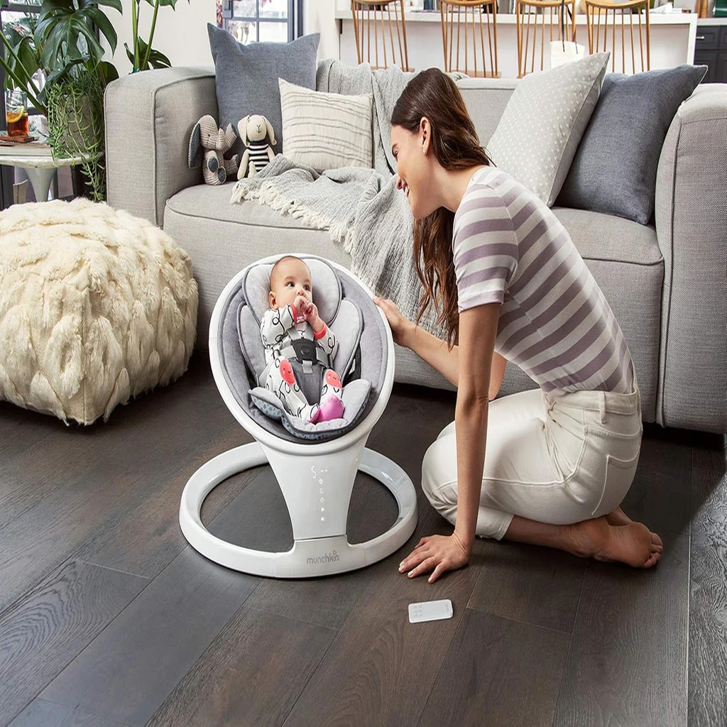 Munchkin Bluetooth Enabled Lightweight Baby Swing with Natural Sway in 5 Speeds and Remote Control, Cotton, Grey/White, 1 Count (Pack of 1)