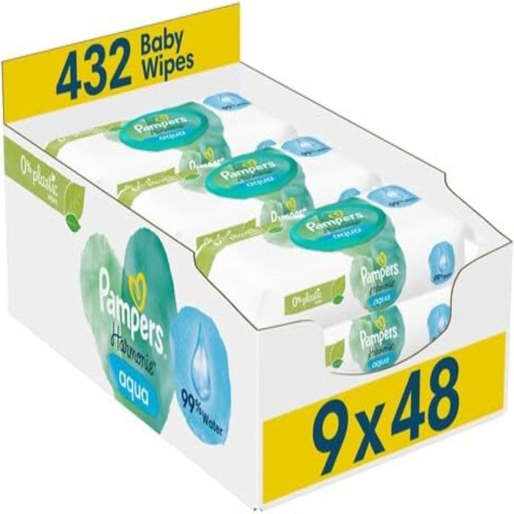 Pampers Harmonie Aqua Baby Wipes Plastic Free 9 Packs of 48 Wipes, 432 Baby Wet Wipes, Help restore natural skin pH, Delicate lotion with 99 percent water
