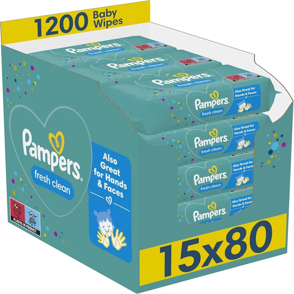 Pampers Baby Wipes Multipack, Fresh Clean, 1200 Count (15 x 80), Baby Essentials for Newborn