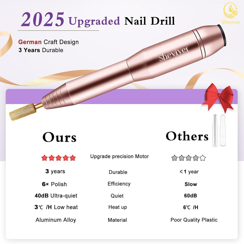 Sheviver Electric Nail Drill, Electric Nail File for Acrylic Gel Nails, Professional Nail Drills Machine Efile Manicure Pedicure Tools with Gold Nail Drill Bits for Home Salon Use