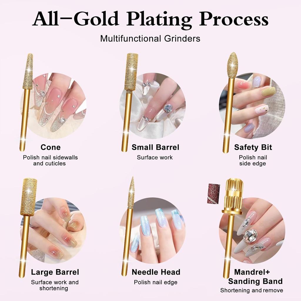 Sheviver Electric Nail Drill, Electric Nail File for Acrylic Gel Nails, Professional Nail Drills Machine Efile Manicure Pedicure Tools with Gold Nail Drill Bits for Home Salon Use