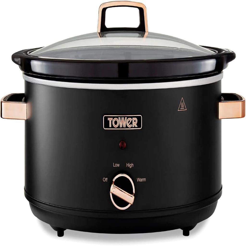 Tower T16043BLK Cavaletto 6.5 Litre Slow Cooker with 3 Heat Settings, Cool Touch Handles, Black and Rose Gold