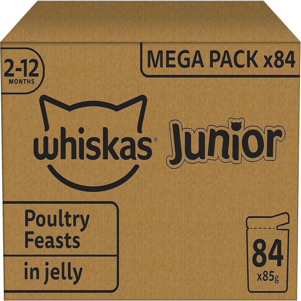 Whiskas Junior Wet Cat Food Poultry Selection in Jelly, 84 Portion Bags, 84 x 85 g (1 Bulk Pack) - High-Quality Wet Cat Food, for Growing Cats from 2 to 12 Months